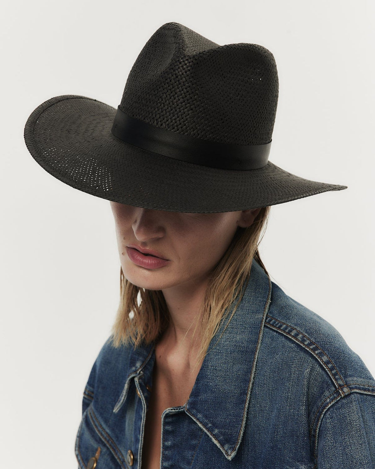 Janessa Leone Classic Black Wide-Brim Straw Fedora Hat size small Janessa Leone Felix - Black | James Perse Los Angeles main image 3